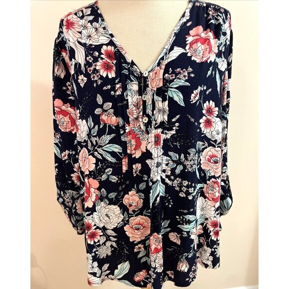 Emily Daniels Floral Blouse Tunic Petite XL Navy Pleated Button Front Colorful - Picture 1 of 14